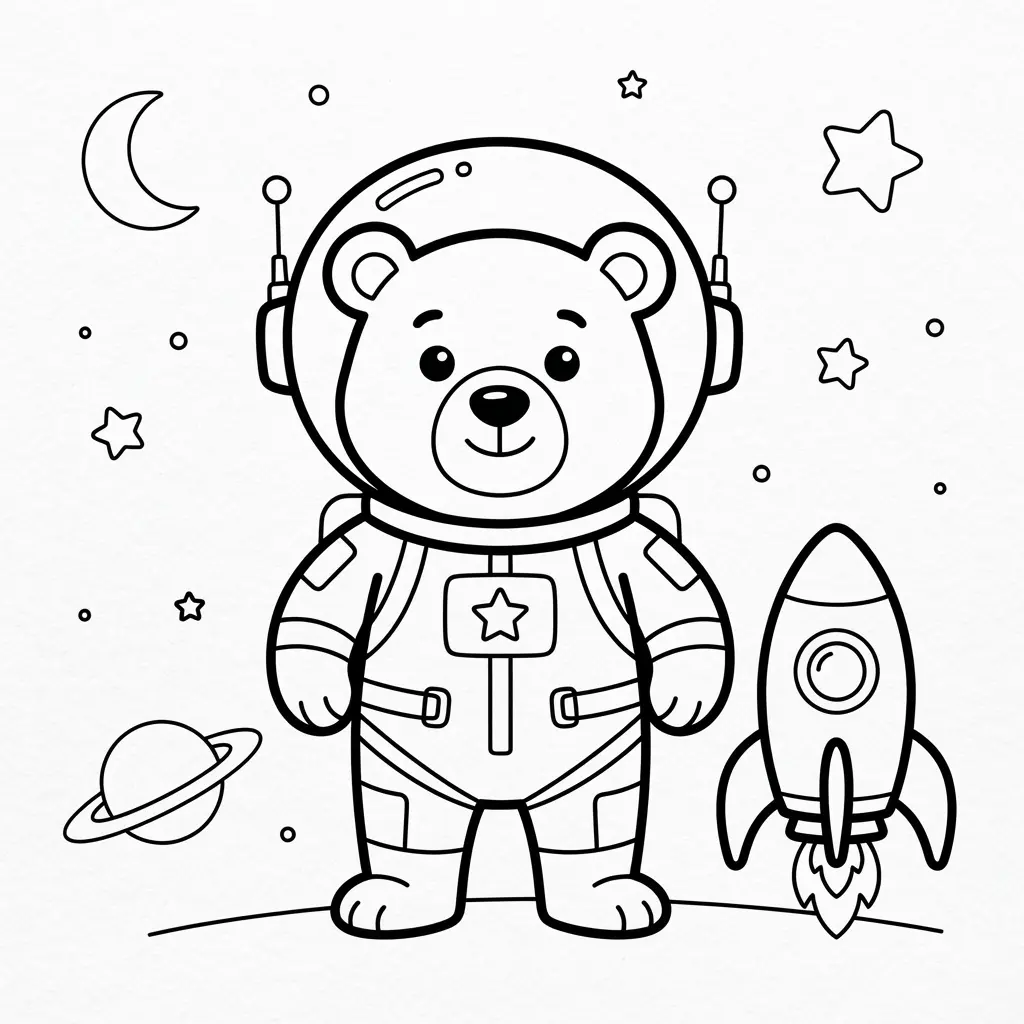 Space explorer bear in a helmet standing beside a small rocket, stars, planets, and a crescent moon.