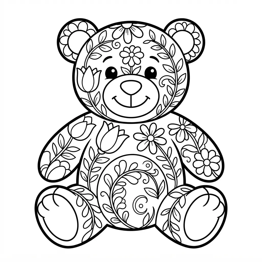 Teddy bear covered with flowers and leaves in a decorative bear coloring pages design with bold clear borders.