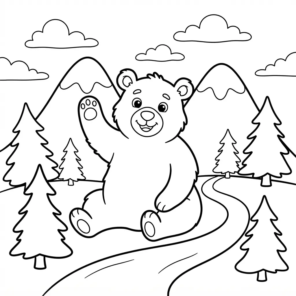 Waving bear standing before tall mountains, pine trees, clouds, and a winding trail.