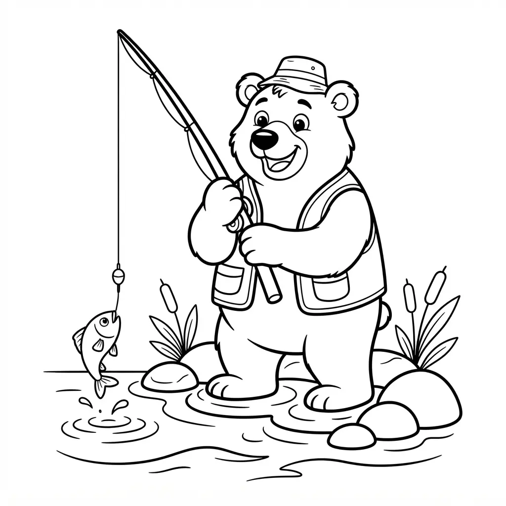 Grizzly bear standing in a river beside a fishing rod, surrounded by reeds and smooth stones.