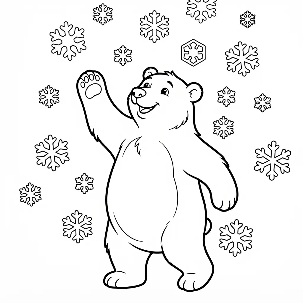 Polar bear reaching toward falling snowflakes in a winter bear coloring pages scene with bold open outlines.