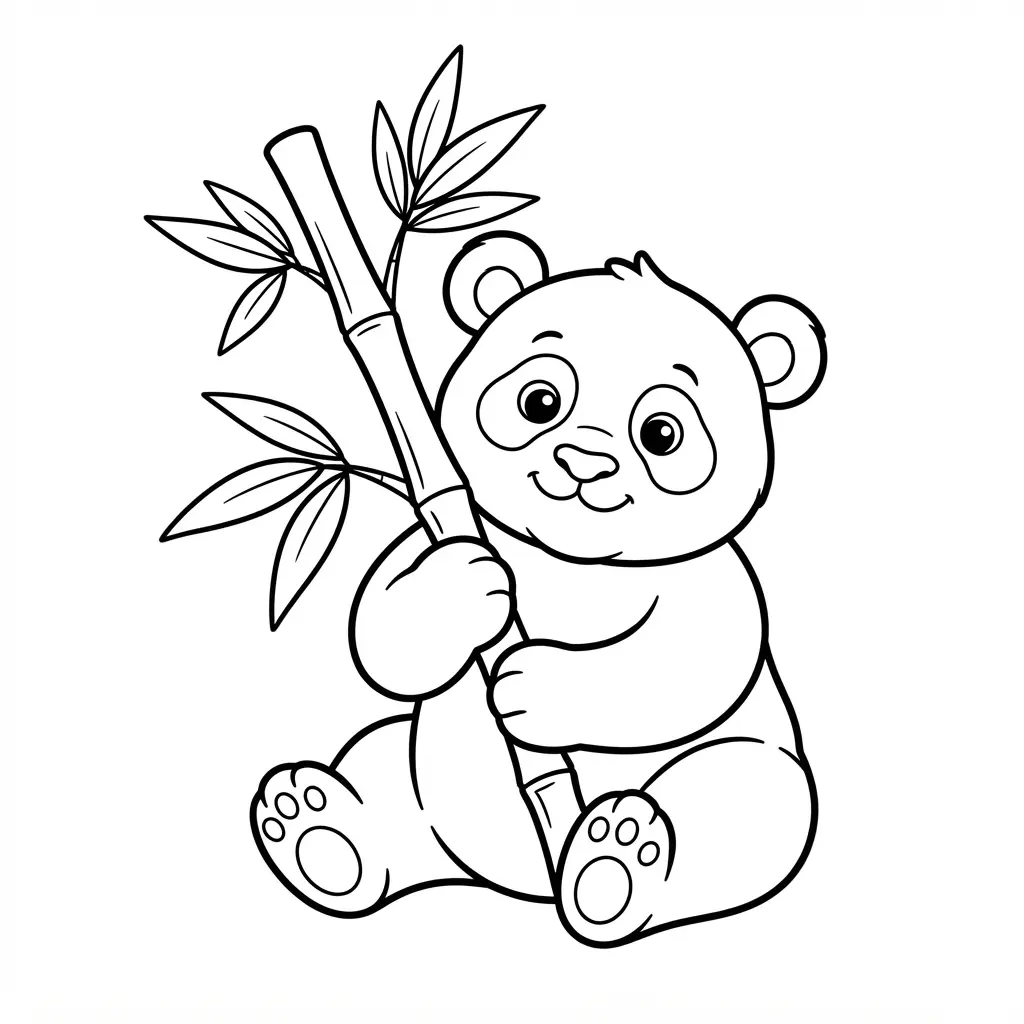 Baby panda seated beside tall bamboo stalks, with clean black outlines and open spaces for coloring.