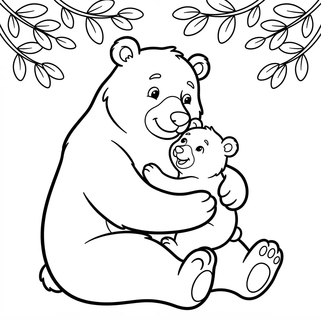 Mama bear hugging a small cub beneath leafy branches in a tender bear coloring pages family scene.