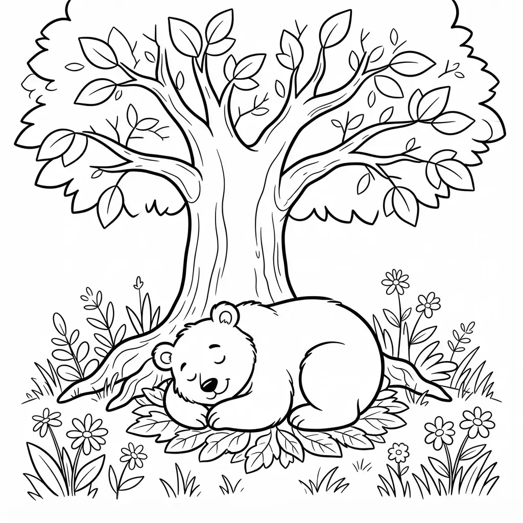 Sleeping bear resting under a broad tree with grass, leaves, and a few small woodland flowers.