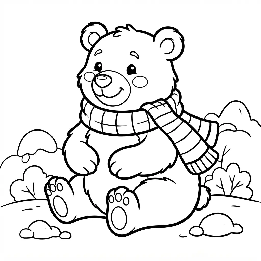 Cartoon bear wearing a winter scarf beside snow-covered shrubs on a cheerful bear coloring pages sheet.