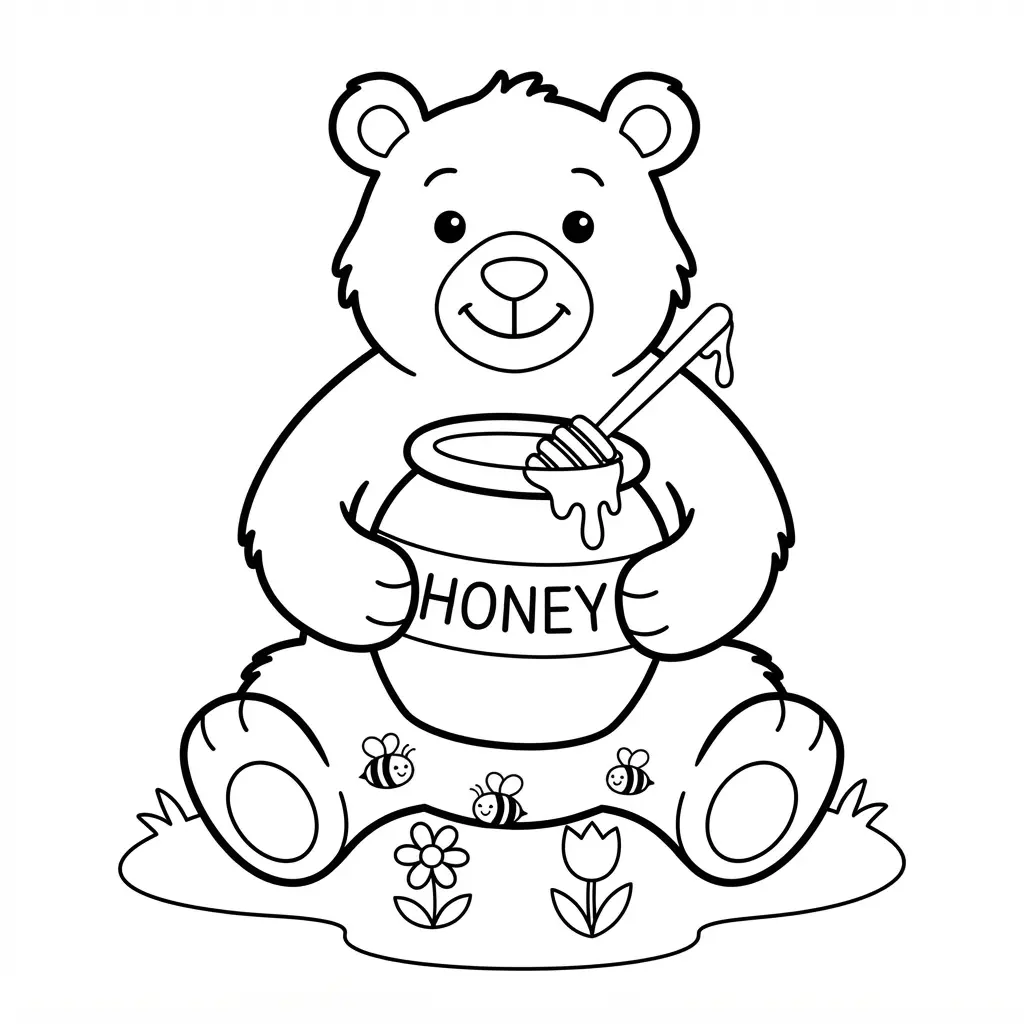 Smiling bear holding a large honey pot with a spoon, bees, and small flowers around its feet.