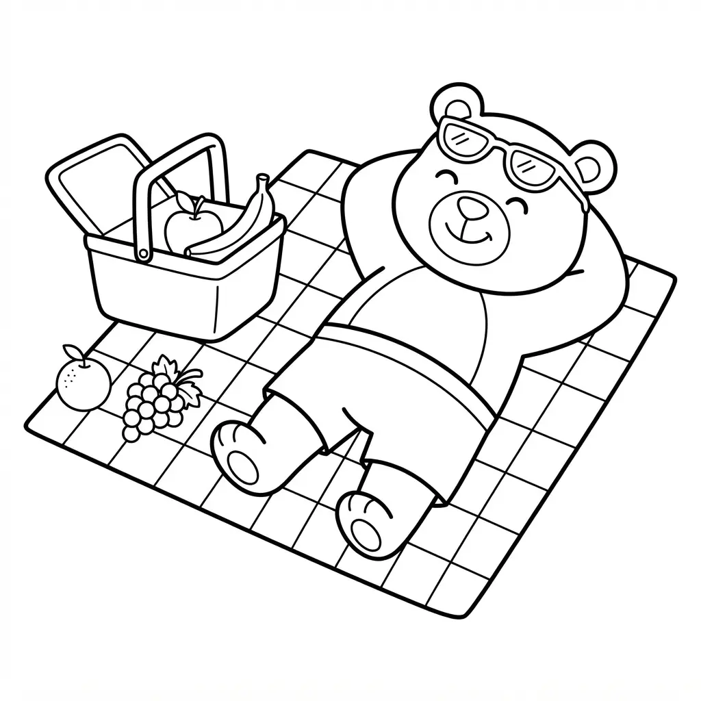 Relaxing bear lying on a picnic blanket beside fruit and a basket in a sunny bear coloring pages scene.
