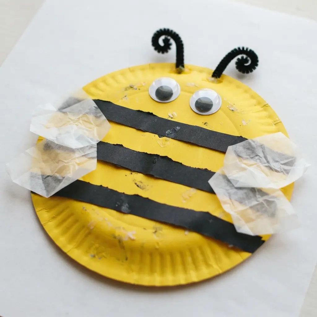Yellow paper plate bee with black stripes, googly eyes, and antennae.
