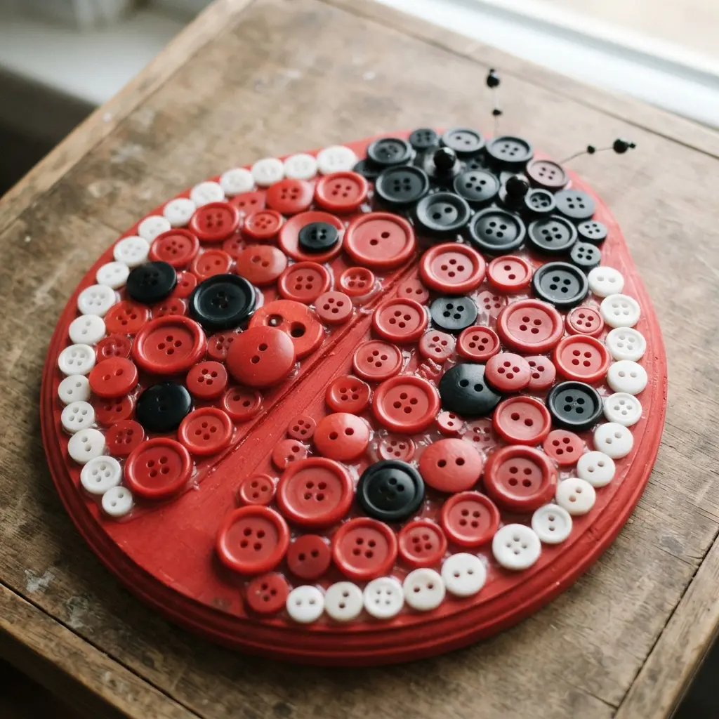 Button mosaic ladybug table decor with red and black buttons on an oval base.