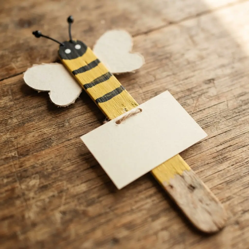 Popsicle stick bee garden marker with yellow paint, black stripes, wings, and a plant label.