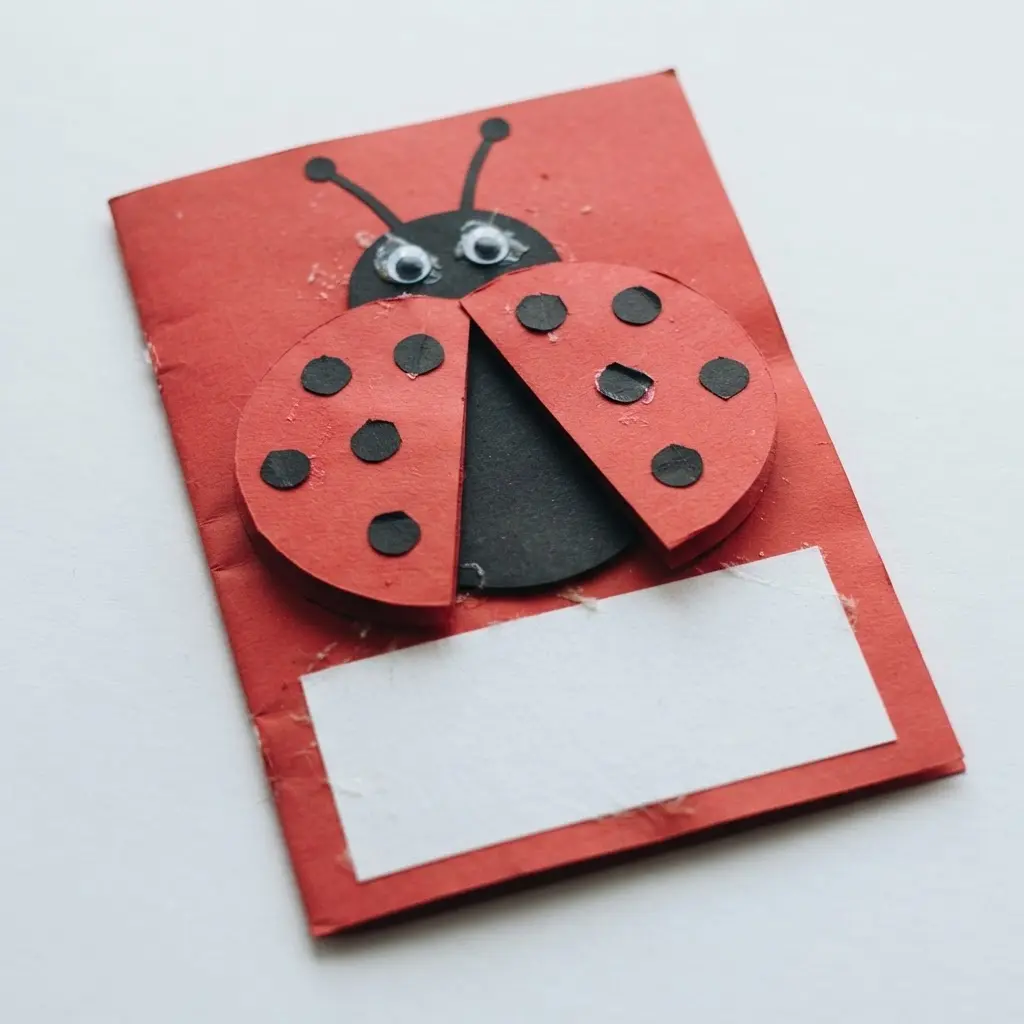 Construction paper ladybug greeting card with red wings, black spots, and a message panel.