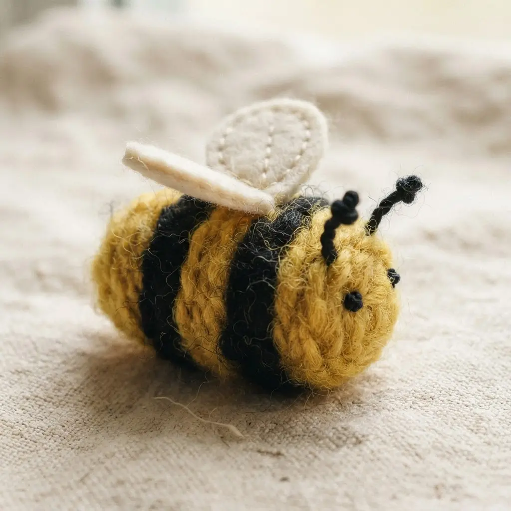 Yarn-wrapped bee sensory toy with yellow and black bands and felt wings.