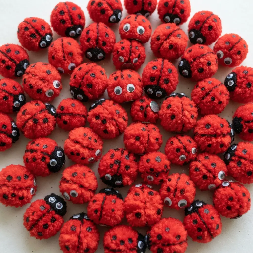 Pom pom ladybug magnets with fuzzy red bodies, black spots, and googly eyes.