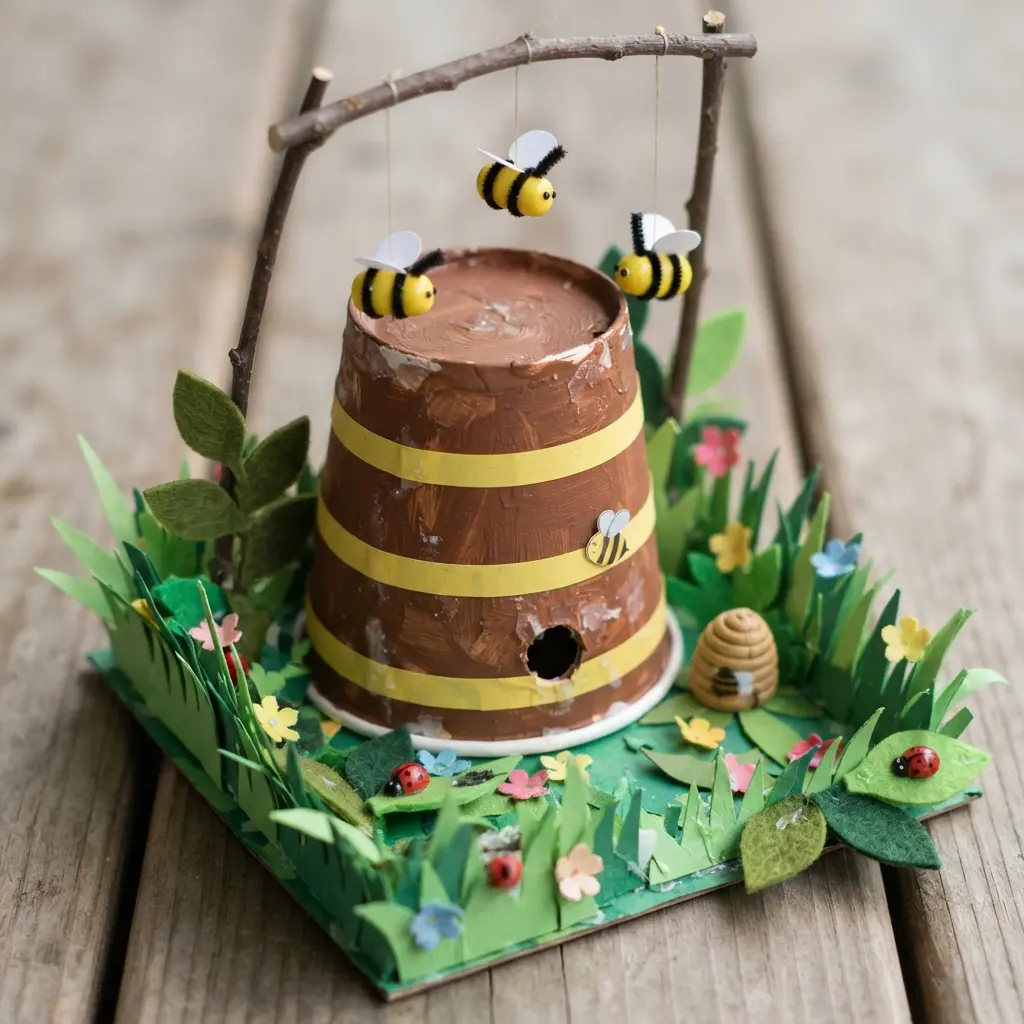 Paper cup bee hive diorama with hanging bees, a brown hive, flowers, and grass.
