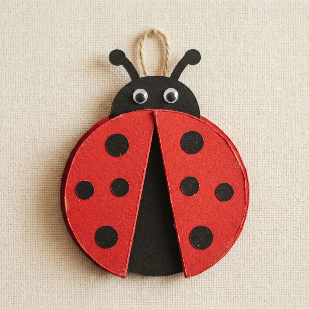 Red cardstock ladybug wall hanging with black spots and a display loop.