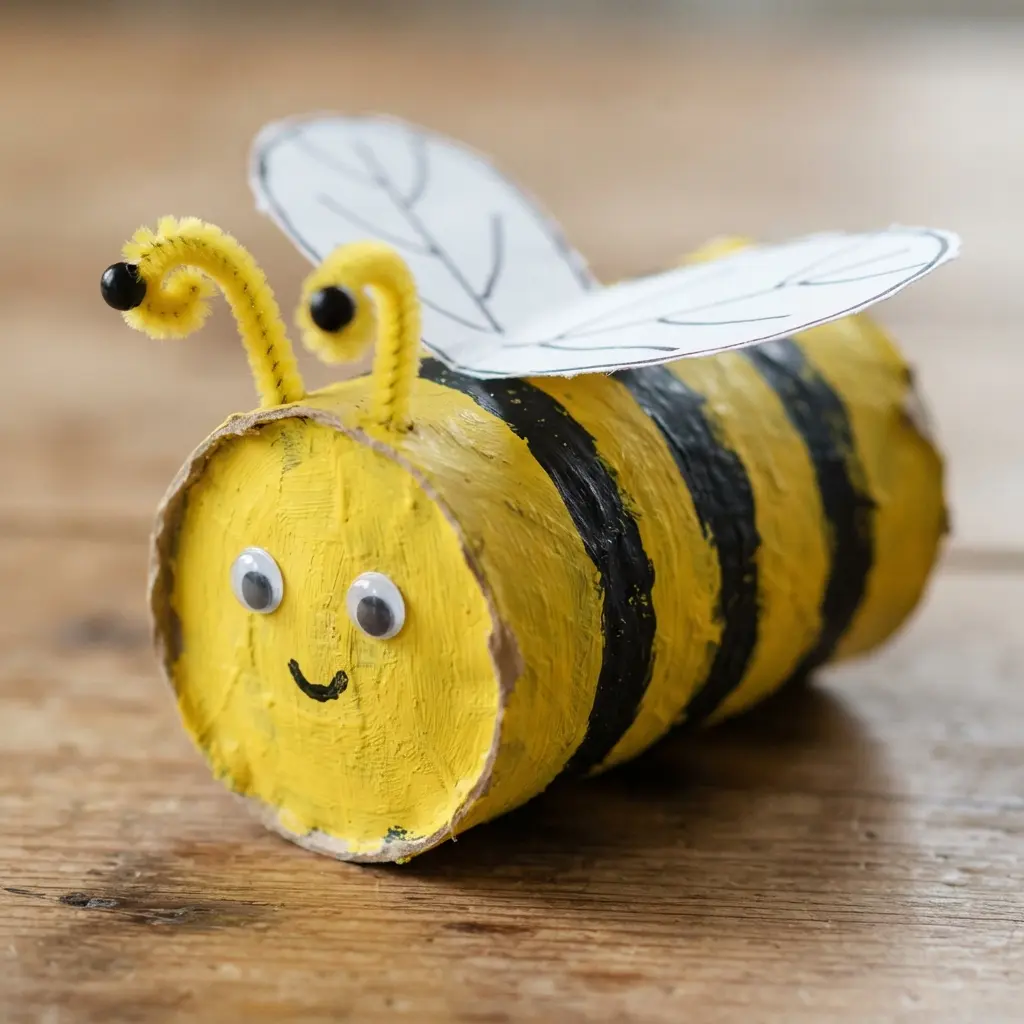 Toilet paper roll bee with yellow stripes, paper wings, and antennae.
