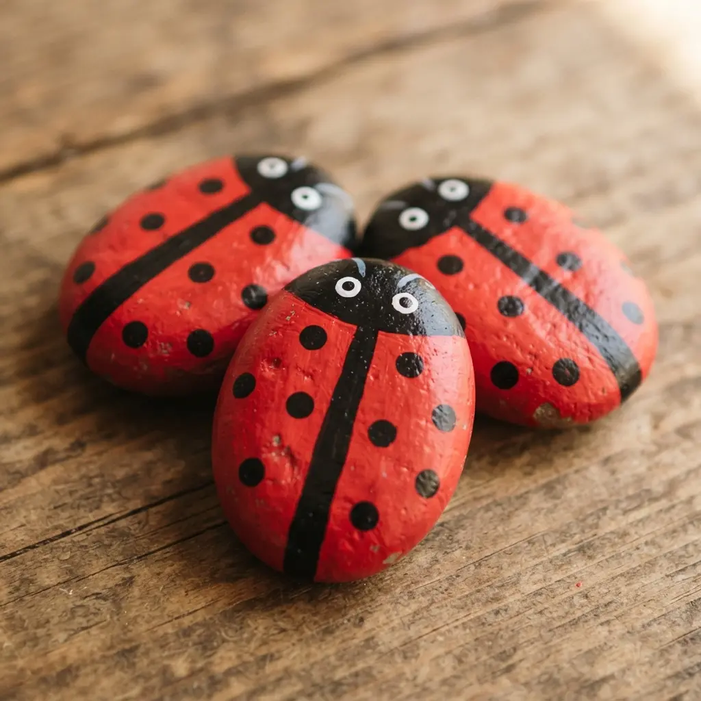 Three smooth river rocks painted as red ladybugs with black dots and eyes.