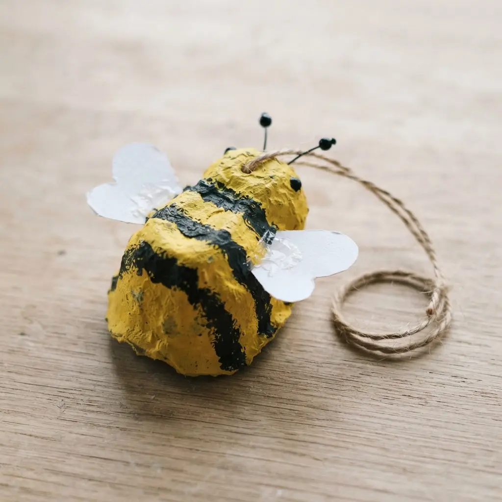 Egg carton bumblebee ornament with yellow paint, black stripes, paper wings, and string.