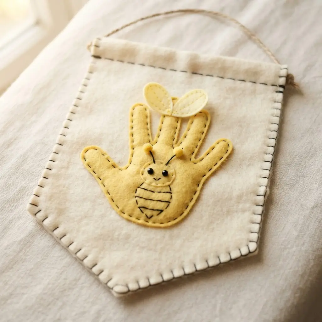 Felt handprint bee banner with yellow wings, black details, and keepsake shapes.