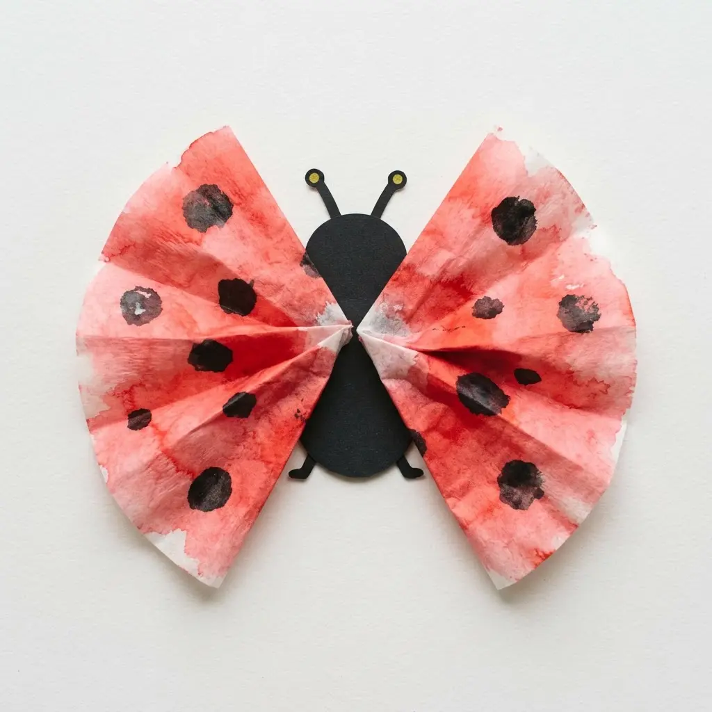 Coffee filter ladybug wings with red watercolor sections and black spots.