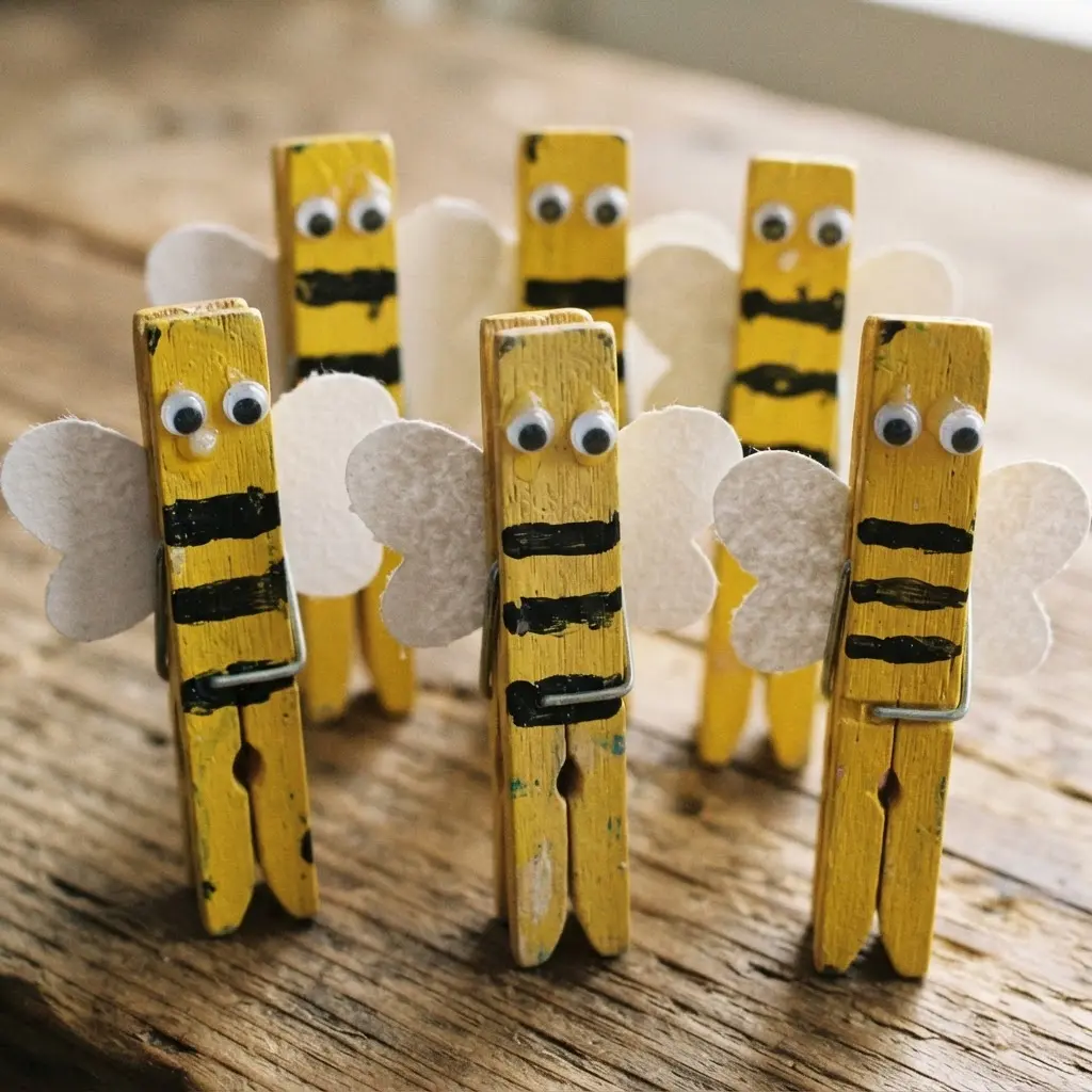 Clothespin bee finger puppets with yellow bodies, black stripes, and paper wings.