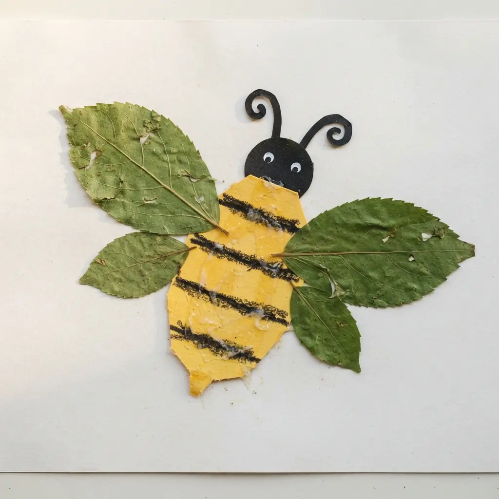 Leaf bee collage with pressed green leaves, a yellow body, and black stripes.