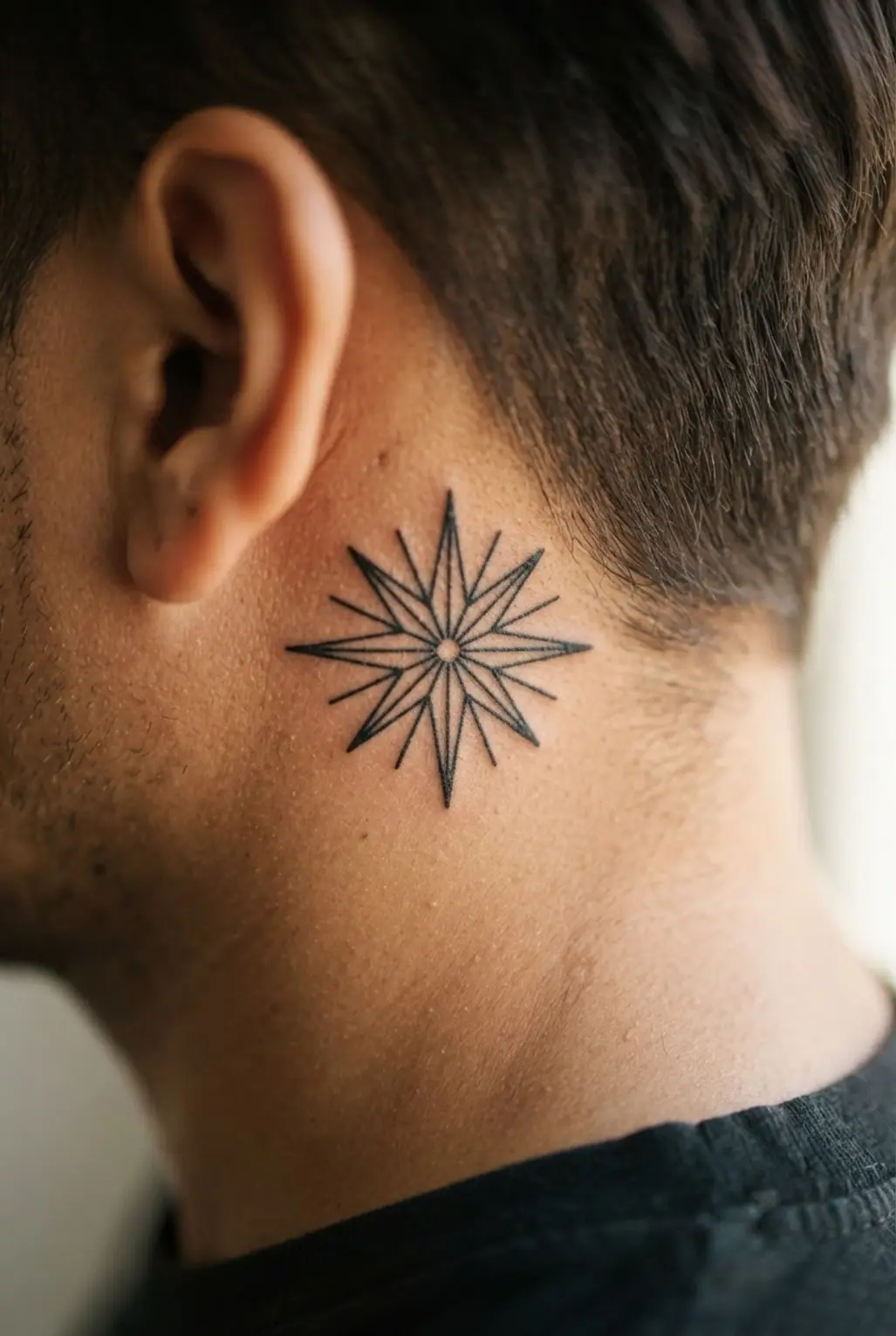 Abstract geometric starburst tattoo behind the ear, formed from balanced rays and sharp black lines around a small center.