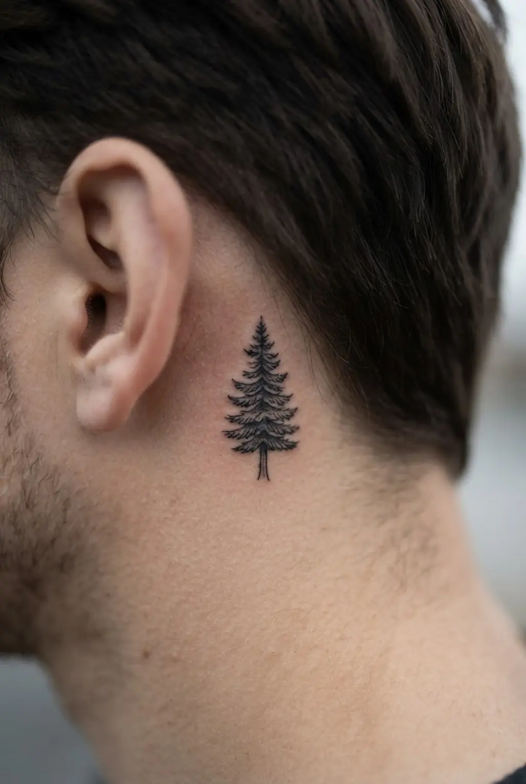Tiny realistic pine tree tattoo behind the ear, showing layered branches and a narrow trunk in detailed black linework.