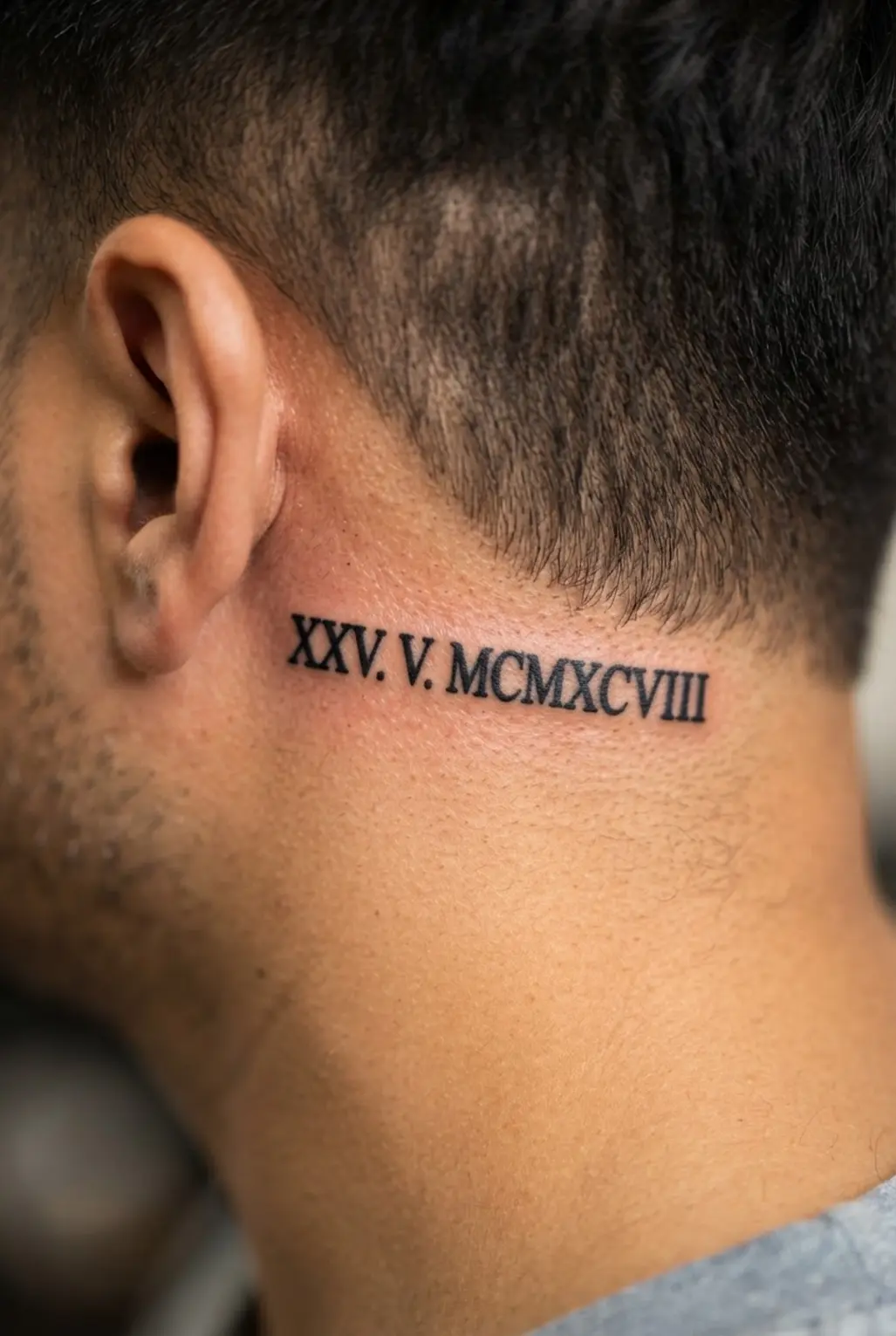 Bold black Roman numerals arranged as a date behind the ear with strong spacing and crisp lettering.