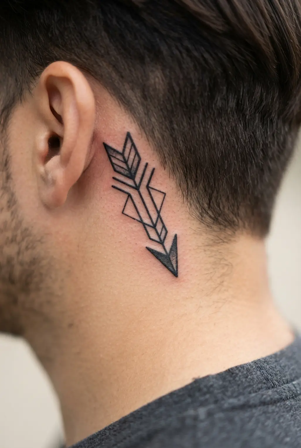 Geometric tribal arrow tattoo behind the ear, formed from sharp black lines and angular points for a masculine style.
