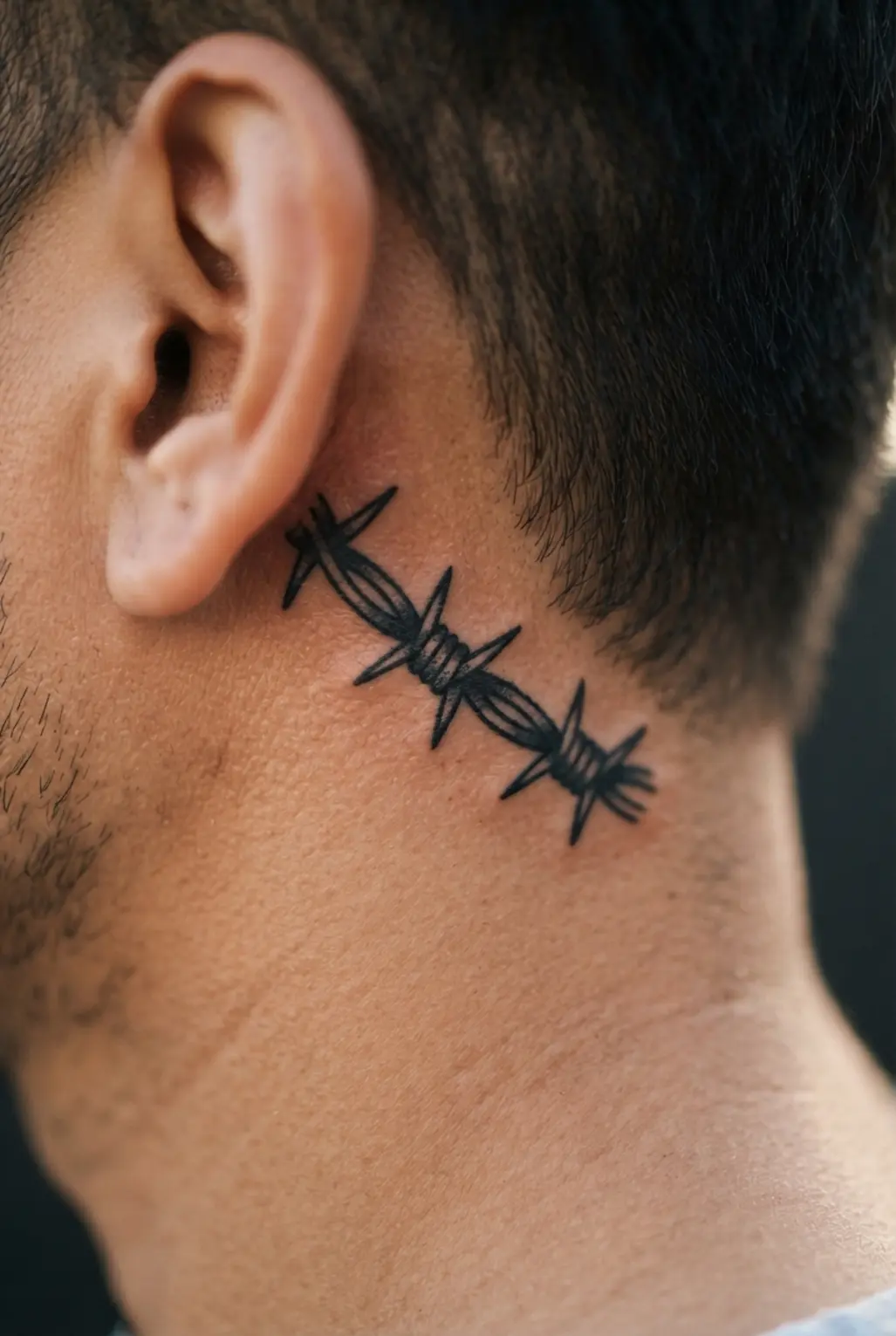 Small barbed wire tattoo wrapping behind the ear, with repeated sharp loops and compact black linework.