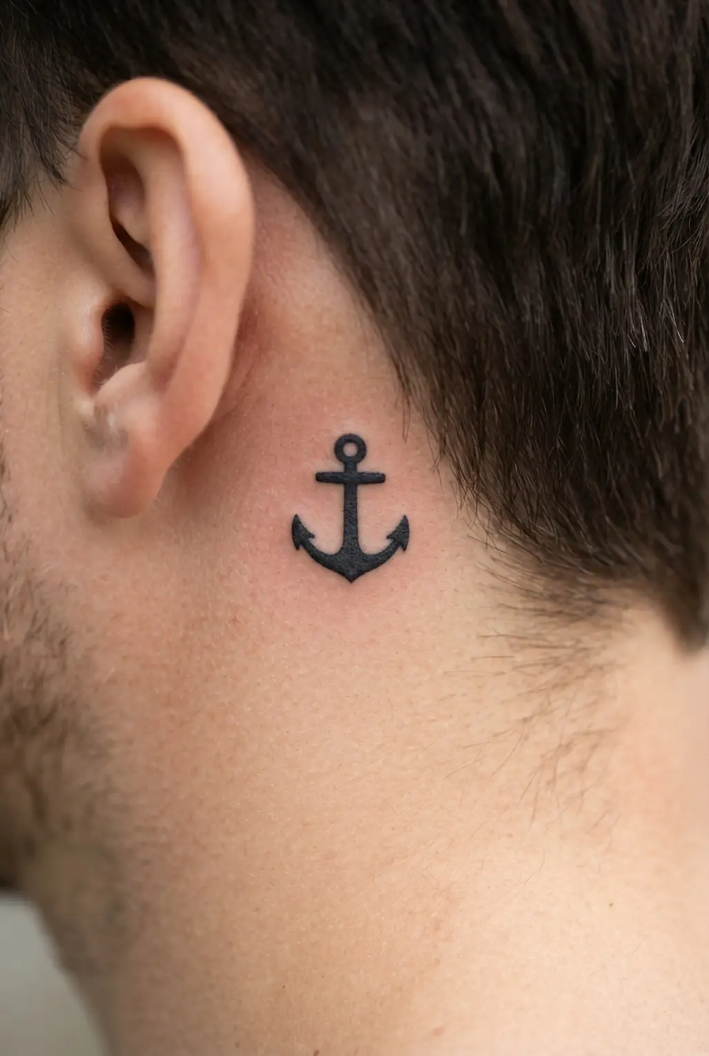 Minimalist solid black anchor tattoo behind the ear, showing a compact silhouette with a curved base and short crossbar.
