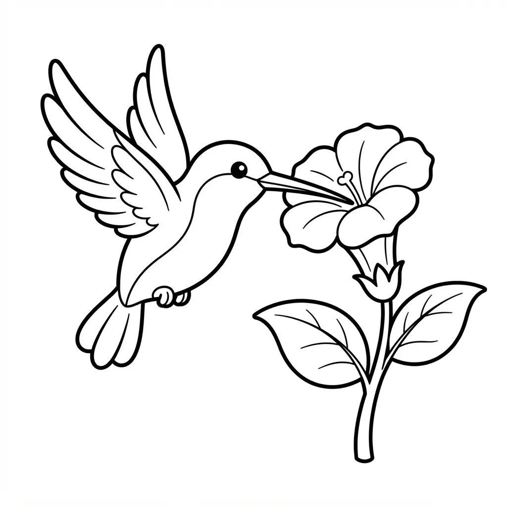 Bird coloring pages featuring a hummingbird sipping nectar beside a flower with clean bold outlines.