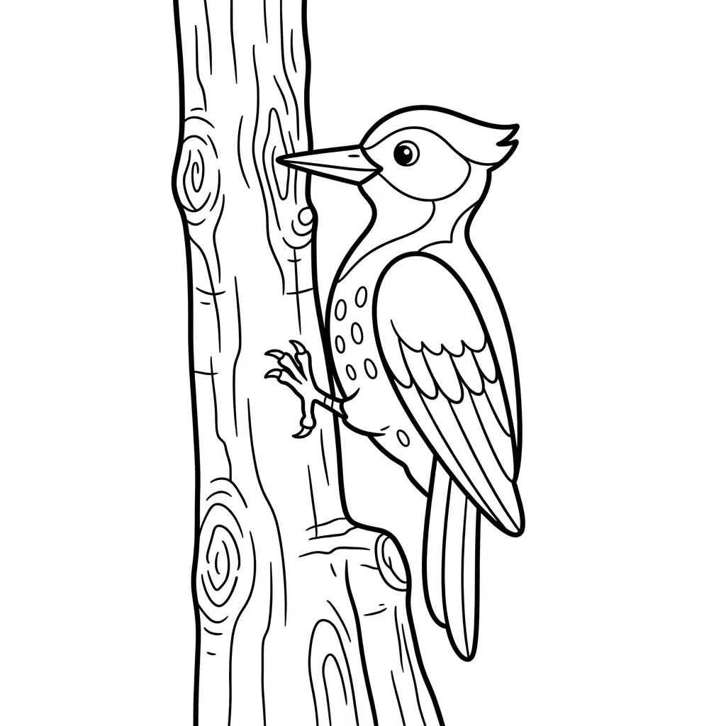 Woodpecker gripping a tree trunk in black-and-white line art with visible bark lines and a pointed beak.