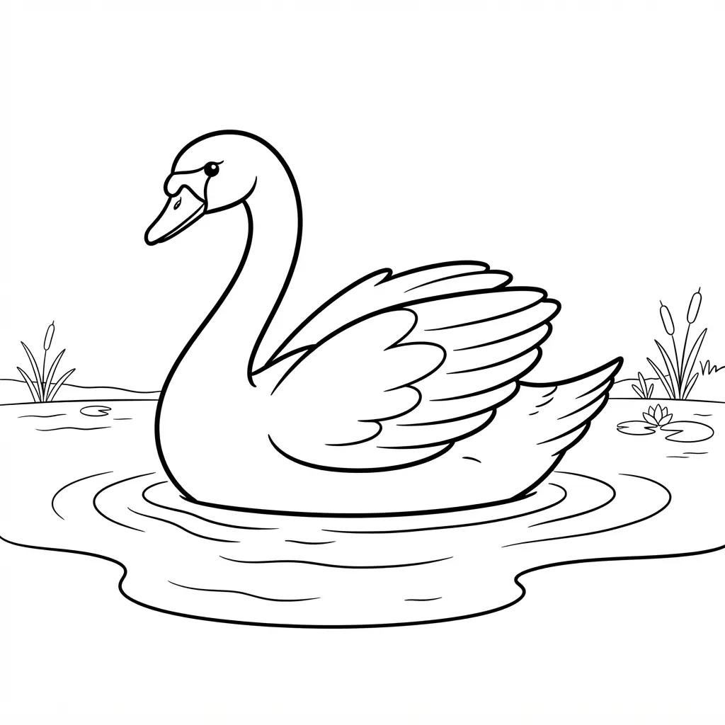 Bird coloring pages showing a majestic swan gliding on a lake with gentle ripples around its body.