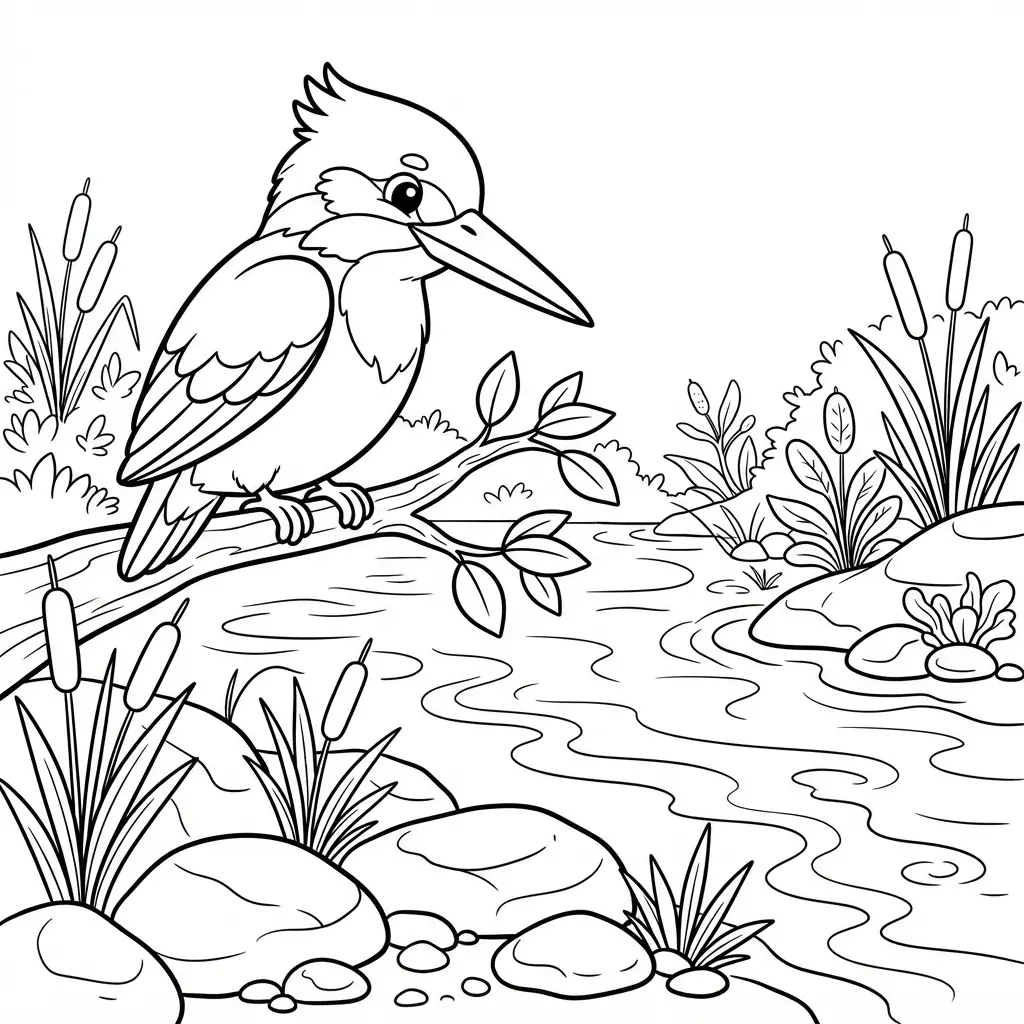 Kingfisher perched near a flowing stream in clean black-and-white line art with reeds and smooth stones.