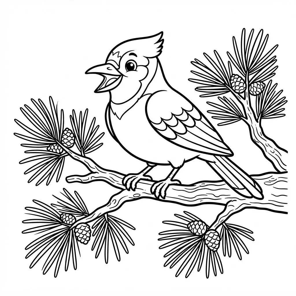 Bird coloring pages featuring a chirping Blue Jay on a pine branch with clusters of needles.