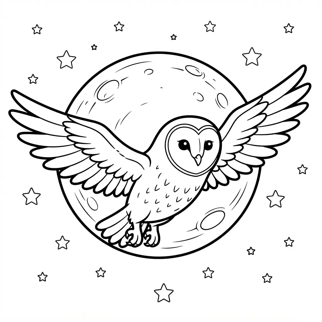 Barn Owl flying across a night sky with a round moon and scattered stars in clean line art.