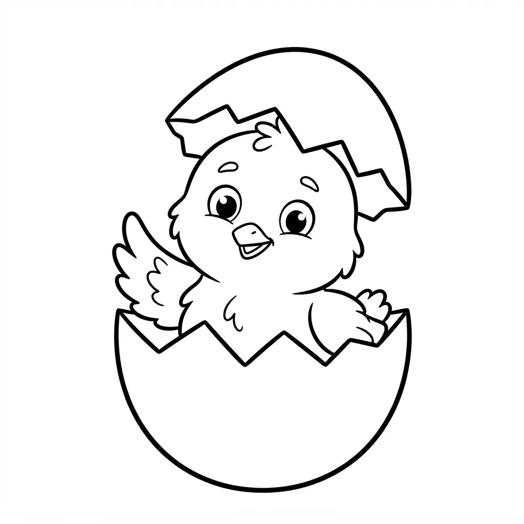 Bird coloring pages showing a baby chick sitting inside a cracked eggshell with soft rounded lines.
