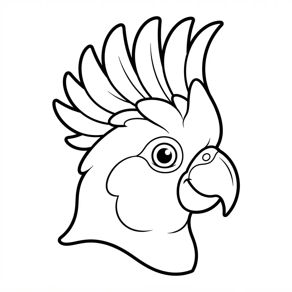 Exotic cockatoo head portrait with a raised crest and layered feather lines in crisp black-and-white art.