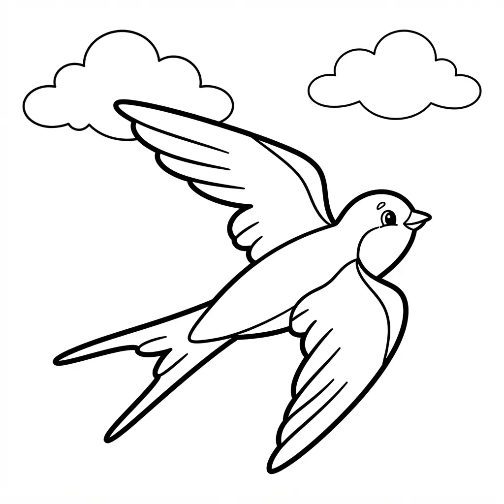 Bird coloring pages featuring a swallow flying through open sky with soft clouds and spread wings.