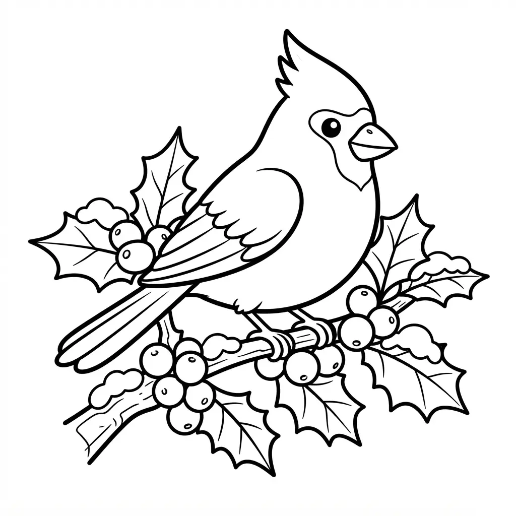 Winter cardinal perched on a holly branch with berries and snow accents in clean black-and-white line art.
