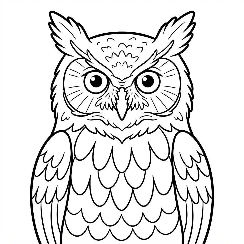 Great Horned Owl portrait in realistic black-and-white line art with clear feather details and bold contours.