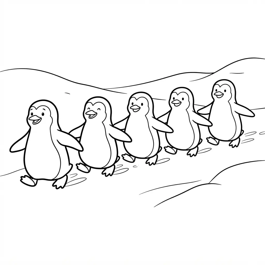 Group of penguins walking together across snow in cheerful black-and-white line art with simple backgrounds.