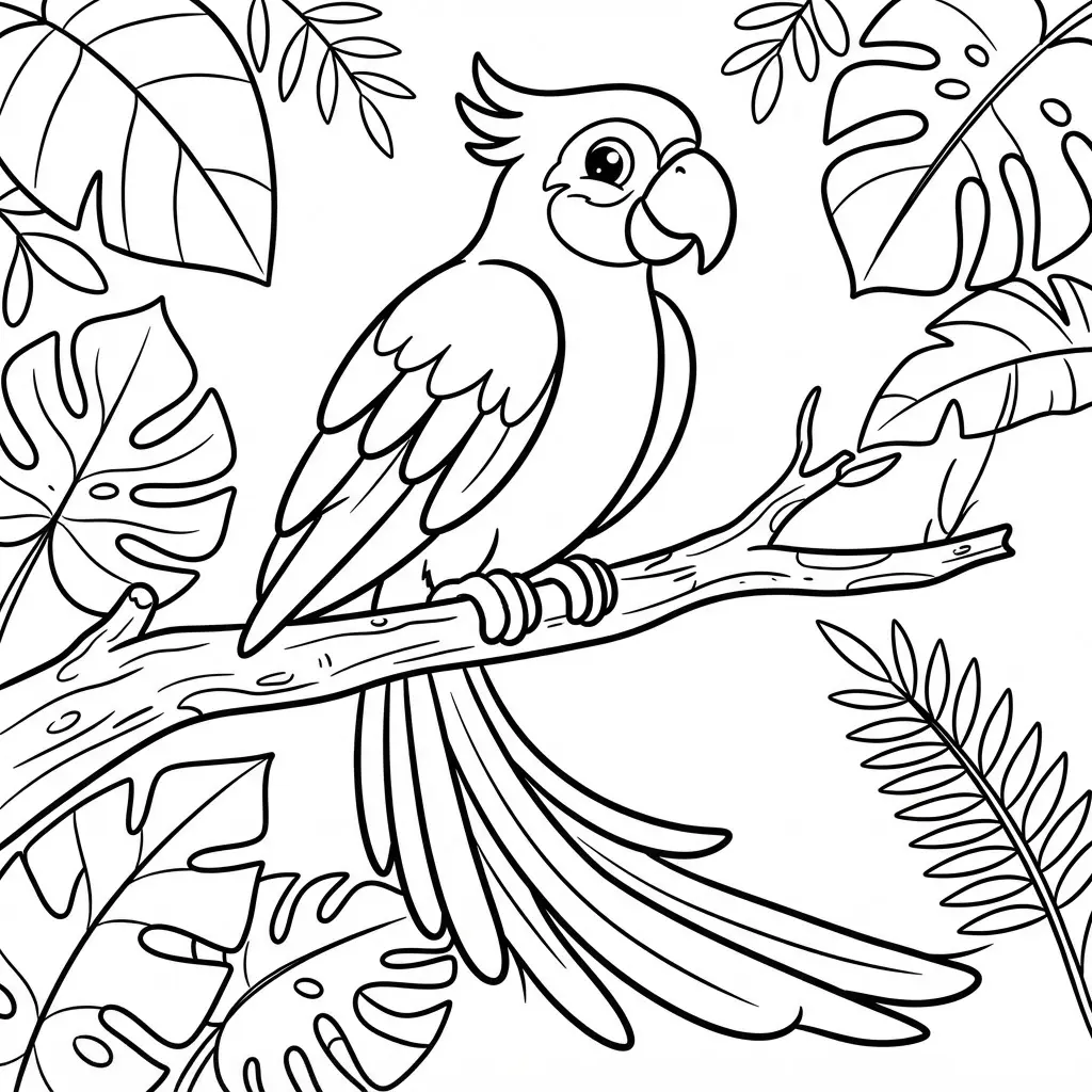 Bird coloring pages showing a tropical macaw perched on a branch surrounded by broad leaves.