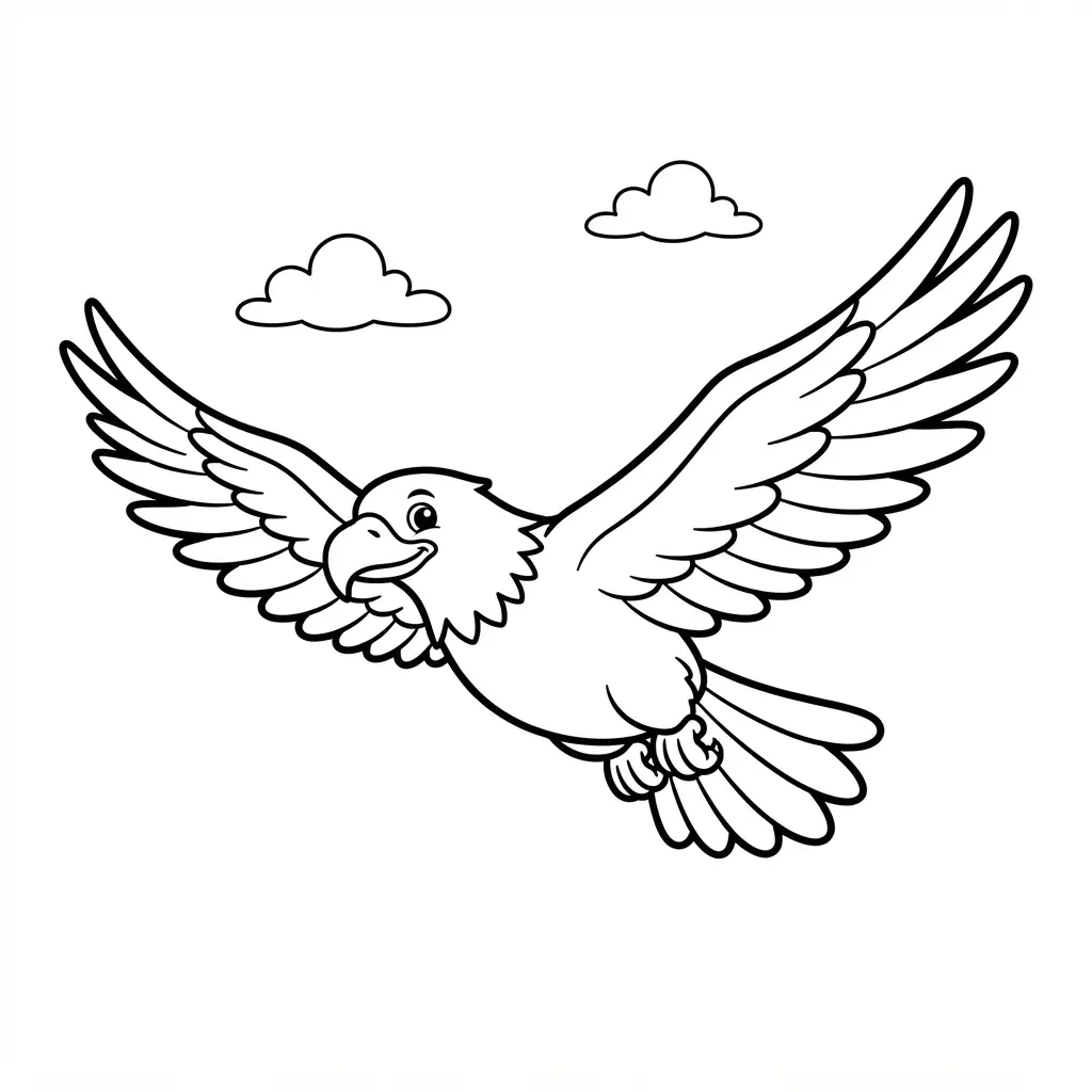 Bird coloring pages featuring a bald eagle soaring across an open sky with wide wings and crisp outlines.
