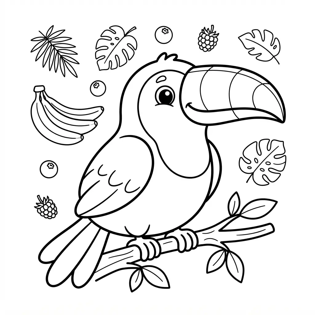 Cute cartoon toucan beside bananas, berries, and leaves in playful black-and-white line art.