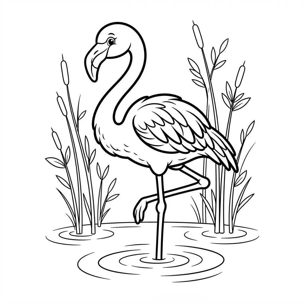 Bird coloring pages showing an elegant flamingo standing in shallow water beside tall reeds.