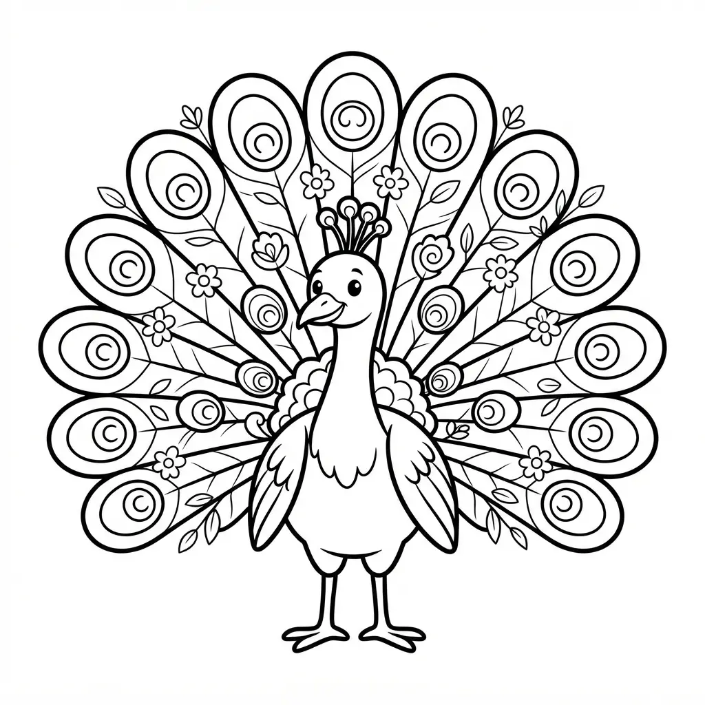 Peacock with its tail fully fanned in detailed black-and-white line art beside small flowers.
