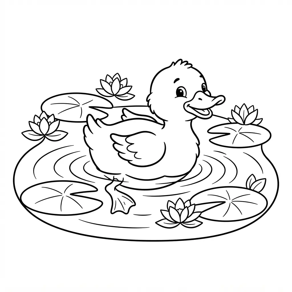 Bird coloring pages featuring a playful duckling swimming across a pond with lily pads and ripples.